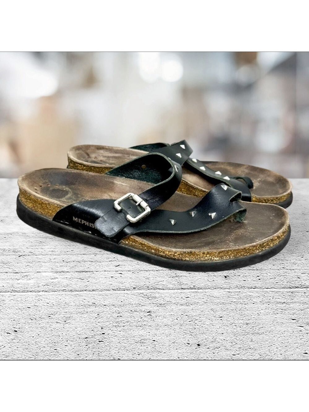 Mephisto Helenore Sandals Women Size 42 Black Leather Cork Studs Hippie Festival